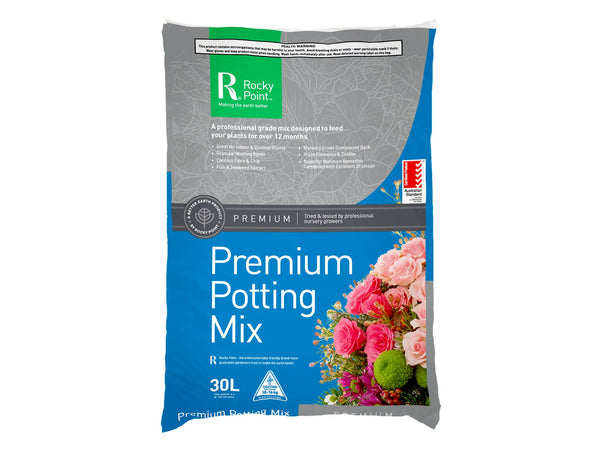A 30L bag of Premium Potting Mix made by Rocky Point pictured against a white background